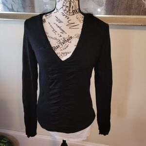 Express Black Ruched V-Neck Long Sleeve Top